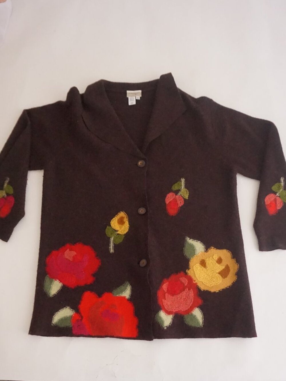 Vintage Coldwater Creek Brown Floral Rose Garden Button Wool Cardigan XL